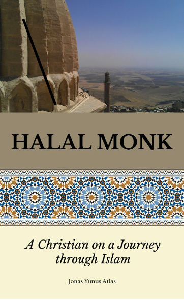 A book cover with a landscape on the top with 'Halal Monk' written beneath. A floral print lines the middle of the page with 'A Christian on a Journey through Islam' on the bottom.
