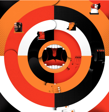 Circular image with a clipart mouth in the centre, surrounded by heads facing upwards and hands moving upwards 