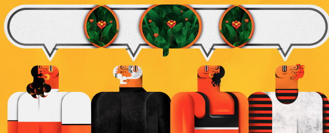 four clipart figures facing upwards with a speech bubble above their head. Within the speech bubble, there are three flower images 
