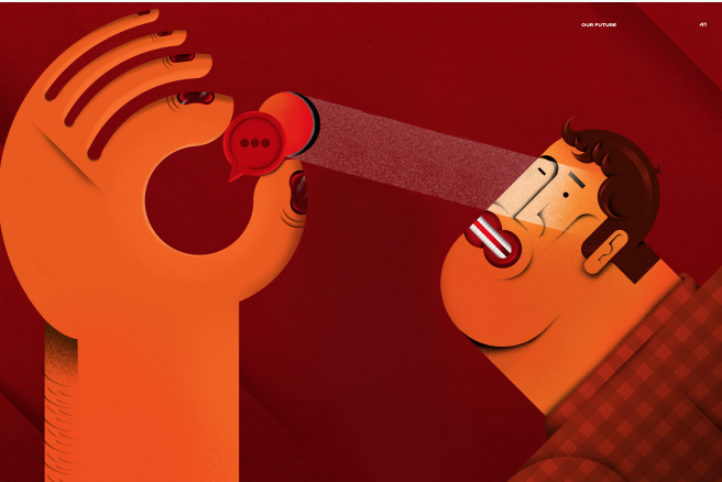 A face holding up a speech bubble with light emitting from the speech bubble, into the person's eyes 